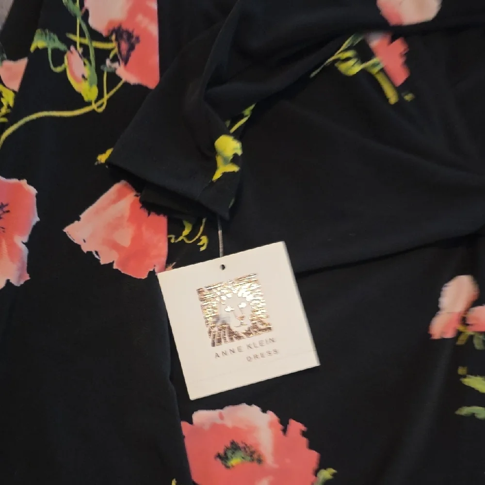 Anne Klein Black Midi Wrap Dress with Coral Floral Print - Picture 3 of 5